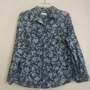 Croft & Barrow women blue denim look floral button down long sleeve shirt